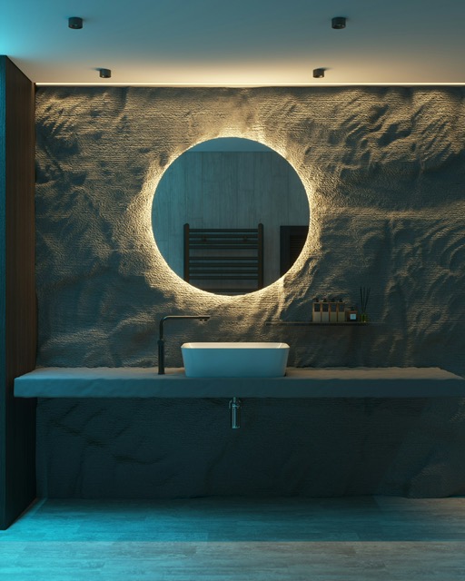 A quiet bath detail — backlit mirror against textured plaster